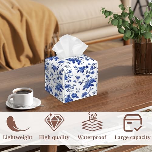 Blue Floral Tissue Box Holder - Waterproof Leather Organizer for Home & Car, 2 Pack