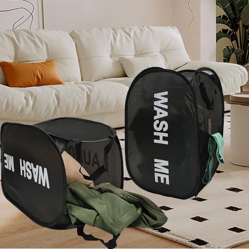 2-Pack Collapsible Laundry Baskets with Side Pocket - Black & Pink