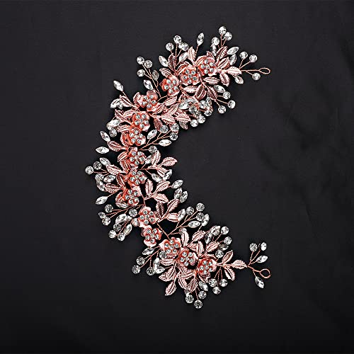 Rose Gold Bridal Hair Vine with Crystals and Pearl Flowers