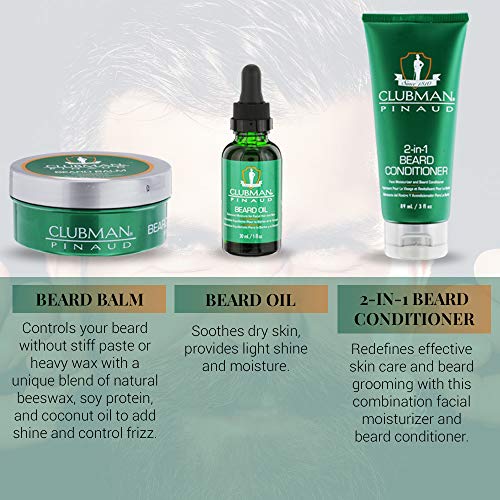Clubman Pinaud Beard 3-in-1 Kit – Starter Beard Grooming Set with Conditioner, Oil & Balm