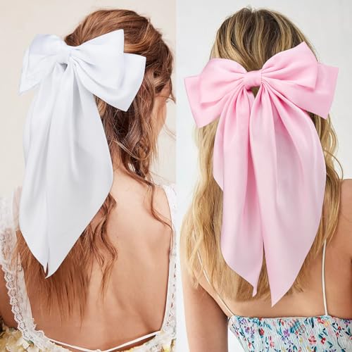 Velscrun Large Satin Hair Bows for Women - 3 Pcs Set (White, Pink, Black)