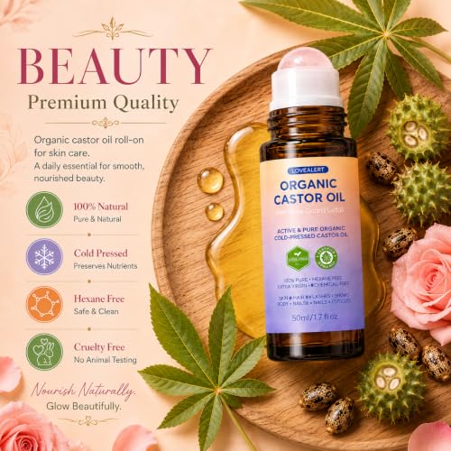 Organic Castor Oil Roll-On with Rose Quartz for Hair & Skin – 1.7 Oz