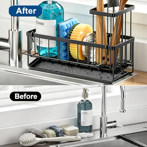 OERPHO Kitchen Sink Sponge Holder with Drainage System, Black