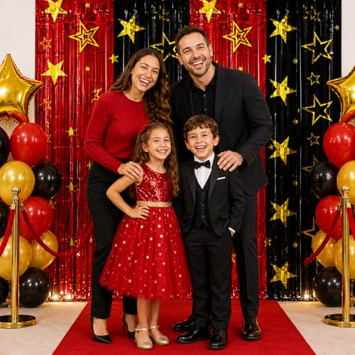 Movie Night Foil Fringe Curtains Backdrop - 2 Pack, 3.3 x 6.6 Ft Red & Black