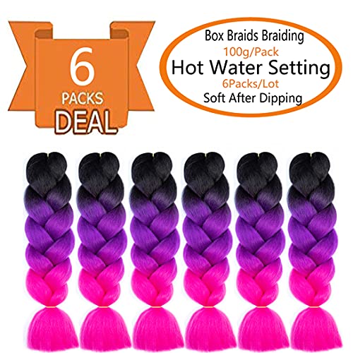 SHUOHAN 24 Inch Jumbo Braiding Hair Extensions - Black to Purple to Rose (6 Pack)