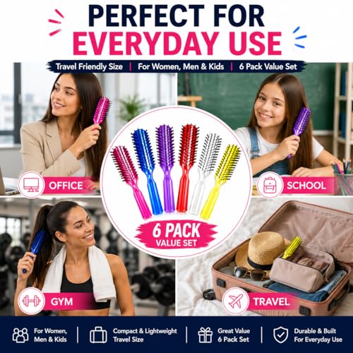 6 Pack Pocket Hair Brushes Set - Travel Detangling Brushes for All Hair Types