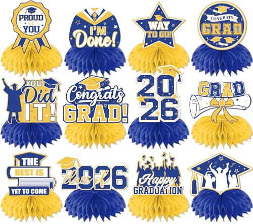 12Pcs Graduation Centerpieces - Yellow and Blue Class of 2026