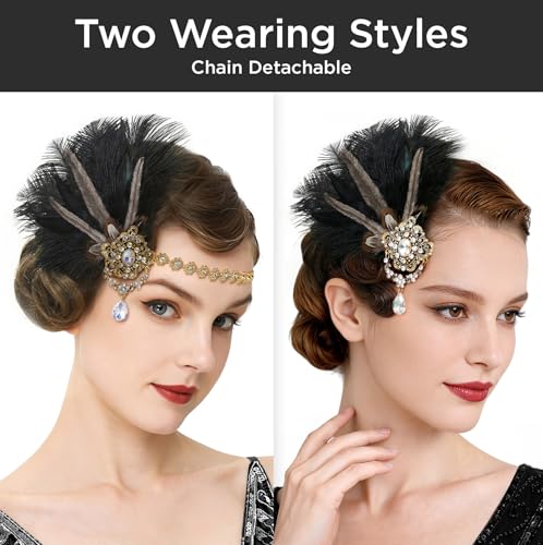 1920s Flapper Feather Headpiece - Black Great Gatsby Hair Accessory