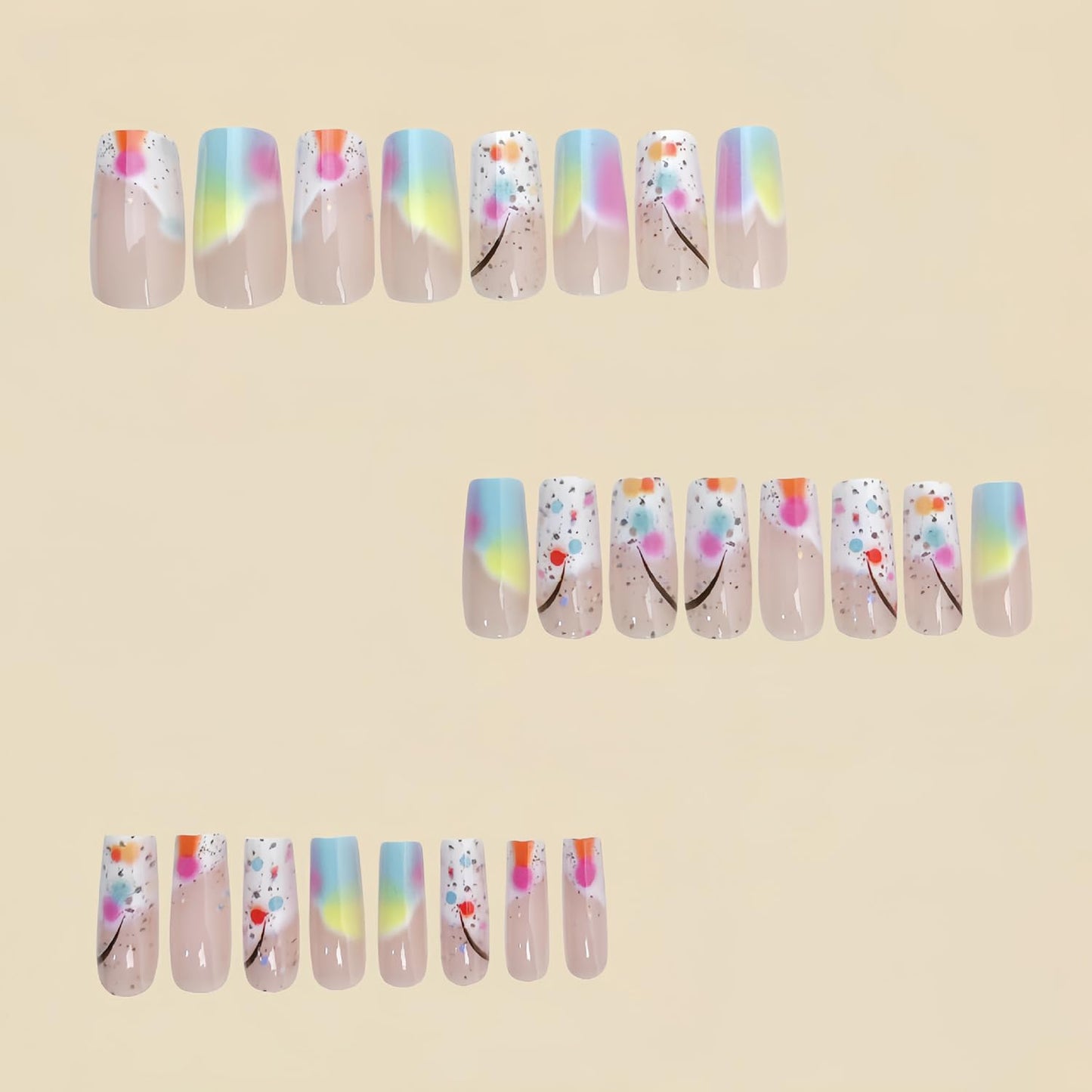 Press On Nails - Medium Length Square Colorful Gradient Acrylic Coffin Nails | 24 Pcs Full Cover Set for Women