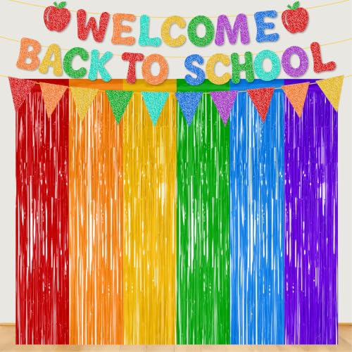 Welcome Back to School Banner with Rainbow Foil Curtains