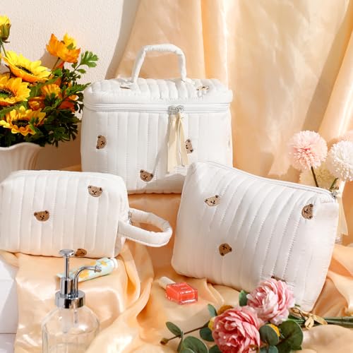 Paterr 3-Piece Quilted Cotton Makeup Bag Set - Little Bear White