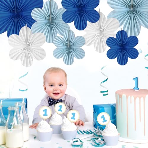 Royal Blue Paper Flower Fans - 8Pcs for Birthday & Baby Shower Decor