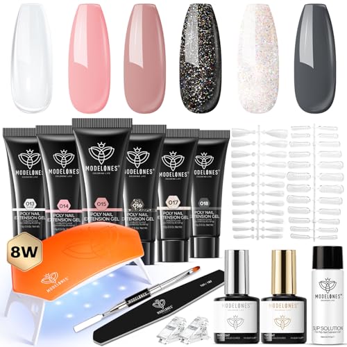 Modelones Nude Glitter Poly Gel Nail Kit with 6 Colors & 8W LED Lamp for Salon & DIY