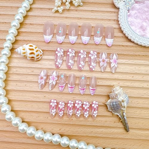 24 Pcs Pink Flower Press-On Nails with Pearl Rhinestones