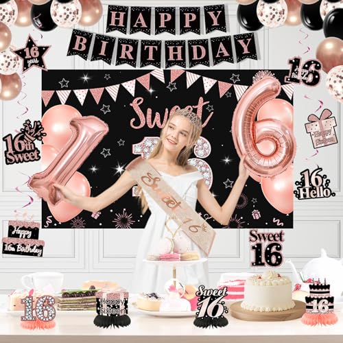 Rose Gold & Black Sweet 16 Party Decorations Kit