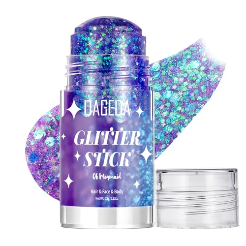 DAGEDA Mermaid Body Glitter Stick,Sparkly Hair Face Glitter Makeup for Women Rave Outfit Accessories,Holographic Mermaid Glitters Face Paint Stick for Women Halloween Makeup 1.12 oz