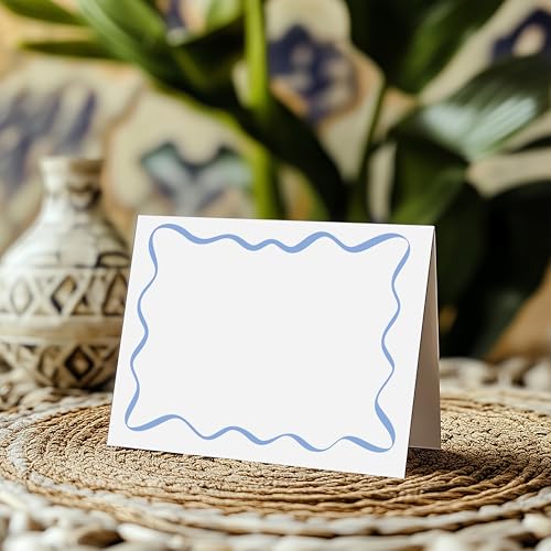 Blue Wavy Place Cards - 25 Pack Watercolor Table Tent Cards