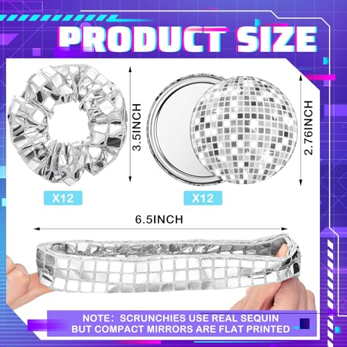 Yuxung 24 Pack Disco Party Favors with Sequin Scrunchies & Vintage Mirror Set
