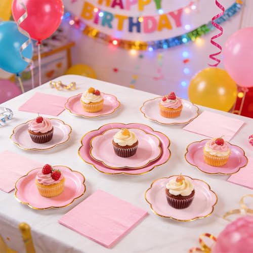 Pink Paper Plates and Napkins Set for 20 Guests - Scalloped Gold Rim
