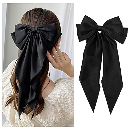 Large Satin Hair Bow Clip for Women - Black Ribbon Barrette