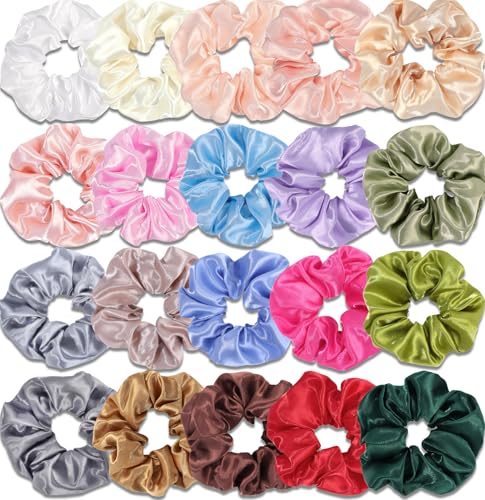 POVETIRE Light Color Satin Scrunchies for Women, Soft Silk Hair Ties & Bands, 20 Pcs - No Damage Elastic Ponytail Holders, Thick Hair Styling, Cute Color Set