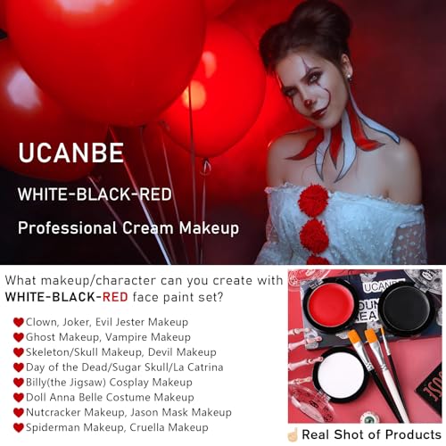 UCANBE Halloween Face Body Paint Set - Black, White & Red Makeup Kit with Brushes