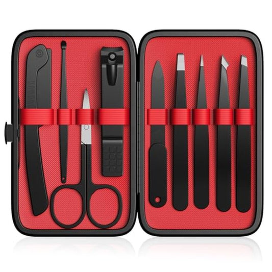 Yougai Tweezers Set,9 Pcs Professional Stainless Steel Tweezer Kit-Great Precision Eyebrow Tweezers for Ingrown Facial Hair with Leather Travel Case as Stocking Stuffing Gifts