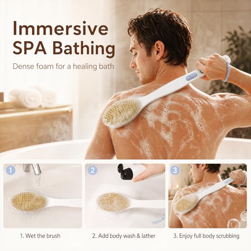 Back Scrubber for Shower with Long Handle, Exfoliating Bath Brush for Body - Double Sided Bristles (Stiff & Soft), Anti-Slip Grip, Lightweight - Gift for Seniors, Includes Lanyard & Hook, Blue
