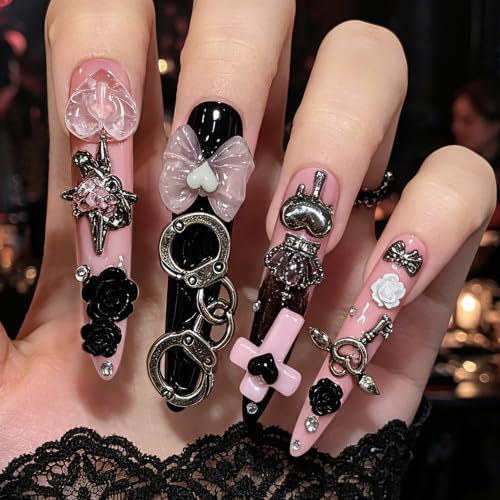 TENPAL BP2 S Long Stiletto Press-On Nails Black Pink Chain & Handcuff Decor