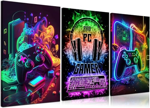 Gaming Wall Art - 3Pcs Colorful Neon Gamepad Canvas Prints 12x16in