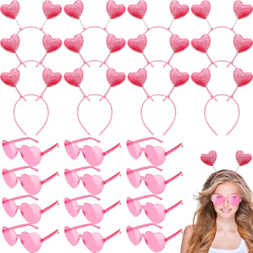 24 Pcs Valentine's Heart Headbands & Sunglasses Set - Pink Glitter