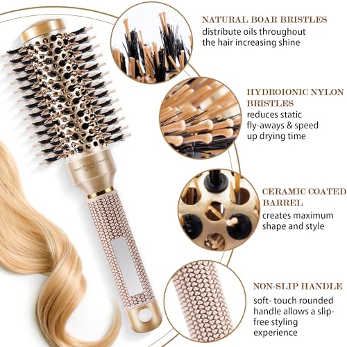 SIMPOR Gold Round Hair Brush 1.3" - Nano Ceramic Ionic Boar Bristles