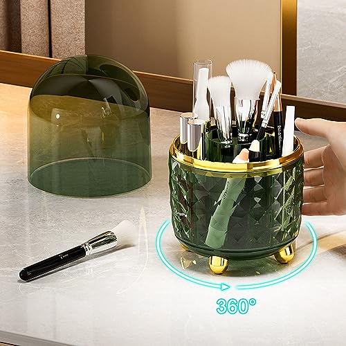 Dark Green 360° Rotating Makeup Brush Holder with Dustproof Lid