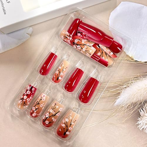 TBRZTR Medium Red Floral Press On Nails - Glossy Coffin Style
