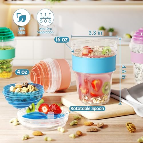 Lazyshine 4 Pack Reusable Yogurt Parfait Cups with Lids - 20 oz Plastic Containers for Overnight Oats & Snacks