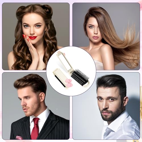 Folding Travel Hair Brush with Removable Mirror - Cream