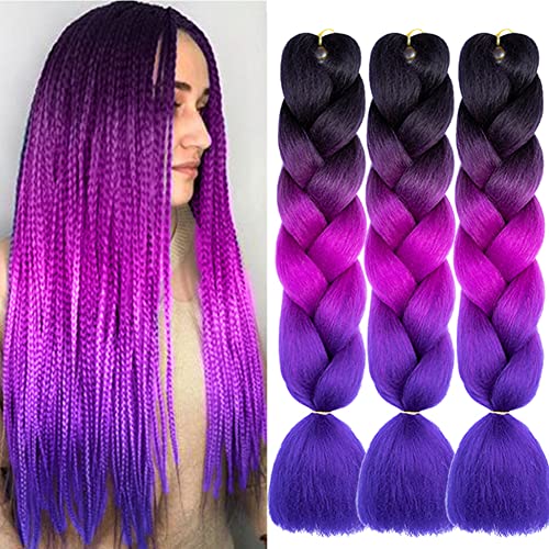 AFNOTE Ombre Purple Braiding Hair Extensions 24 Inch for Women & Girls - Pack of 3