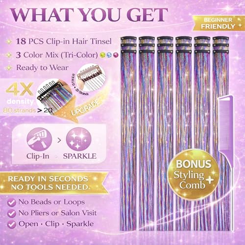 18 Pcs Rainbow Hair Tinsel Clips - 22 Inch Glitter Extensions