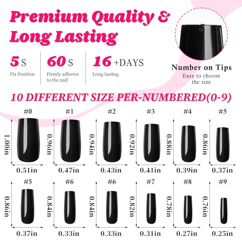 Black Square Glossy Press-On Nails - 120pc Full Cover Ballerina Tips