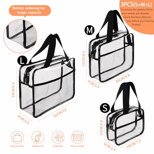 XEWEA 3-Pack Clear Travel Toiletry Bags with Handles & Pockets - Black Variation