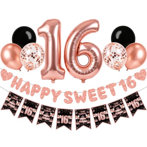 Zirtorei Sweet 16 Birthday Decorations Set - 10pcs Rose Gold Party Supplies
