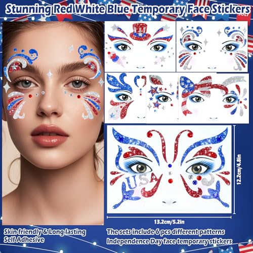 Yosca 6Pcs Independence Day Face Stickers - 4th of July Red White Blue Temporary Tattoos