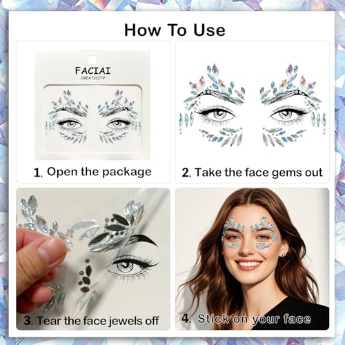 20 Sets Mermaid Face Jewels - Self-Adhesive Glitter Gems for Festivals
