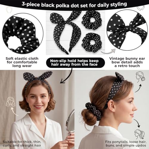 50s Polka Dot Headband & Hair Ties Set for Women - Retro Bow Pack of 3