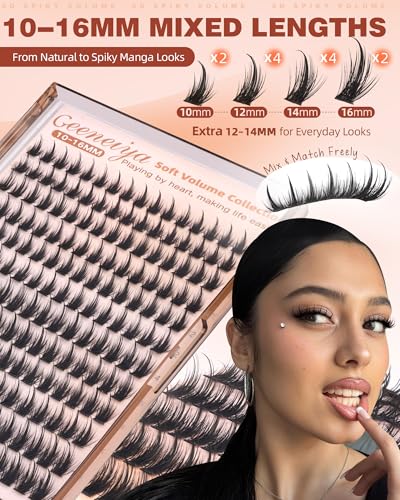 Geeneiya Manga Lash Clusters with Spikes, D Curl, 10-16mm, Voluminous Eyelash Extensions