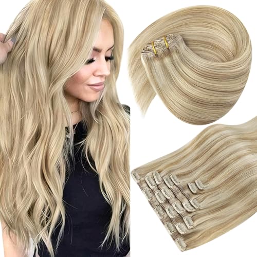 Sunny Hair Clip in Hair Extensions Real Human Hair 120g Remy Hair Clip in Extensions for Women Human Hair Extensions Dark Golden Blonde Highlights Light Blonde 18 Inch