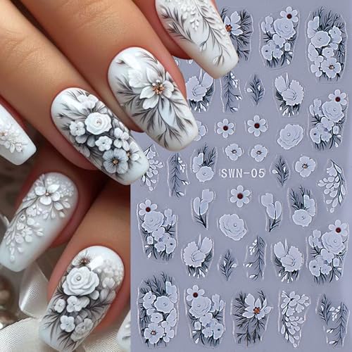 5D Embossed Lace Flower Nail Art Stickers - 6 Sheets, Black & White