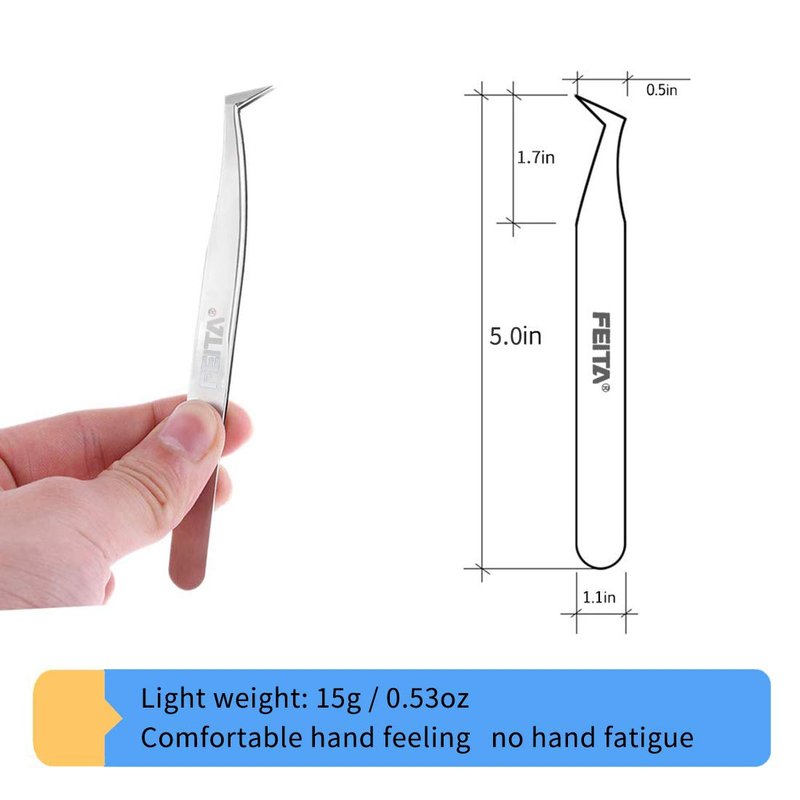 Eyelash Tweezers Set - FEITA Precision Eyelash Extension Tweezers - Professional Slant & Curved Pointed Very Fine Tip Tweezers for False Lashes - Silver - 2 Pcs