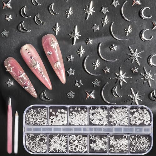 600 Pcs Silver Nail Charms Kit with Stars & Moons - DIY Manicure