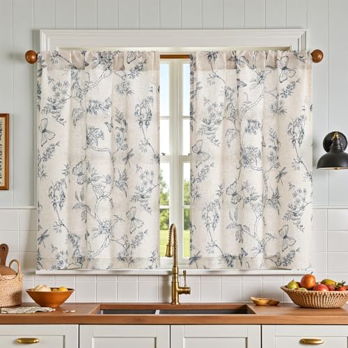 Floral Linen Blend Cafe Curtains 36 Inch - 2 Panels Blue